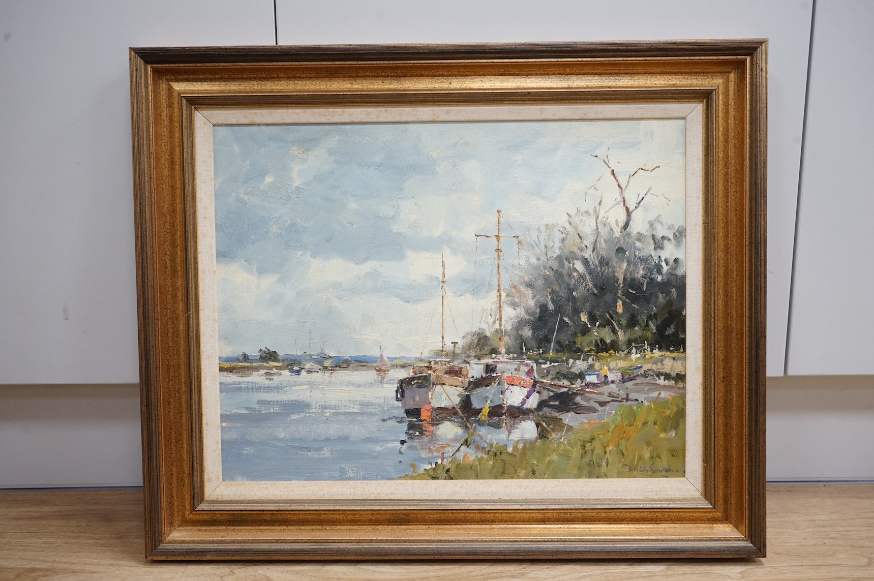 Josiah John Sturgeon (1919-1999), oil, 'Boats on the River Crouch, Holbridge, Essex', signed, 34 x 43cm. Condition - good